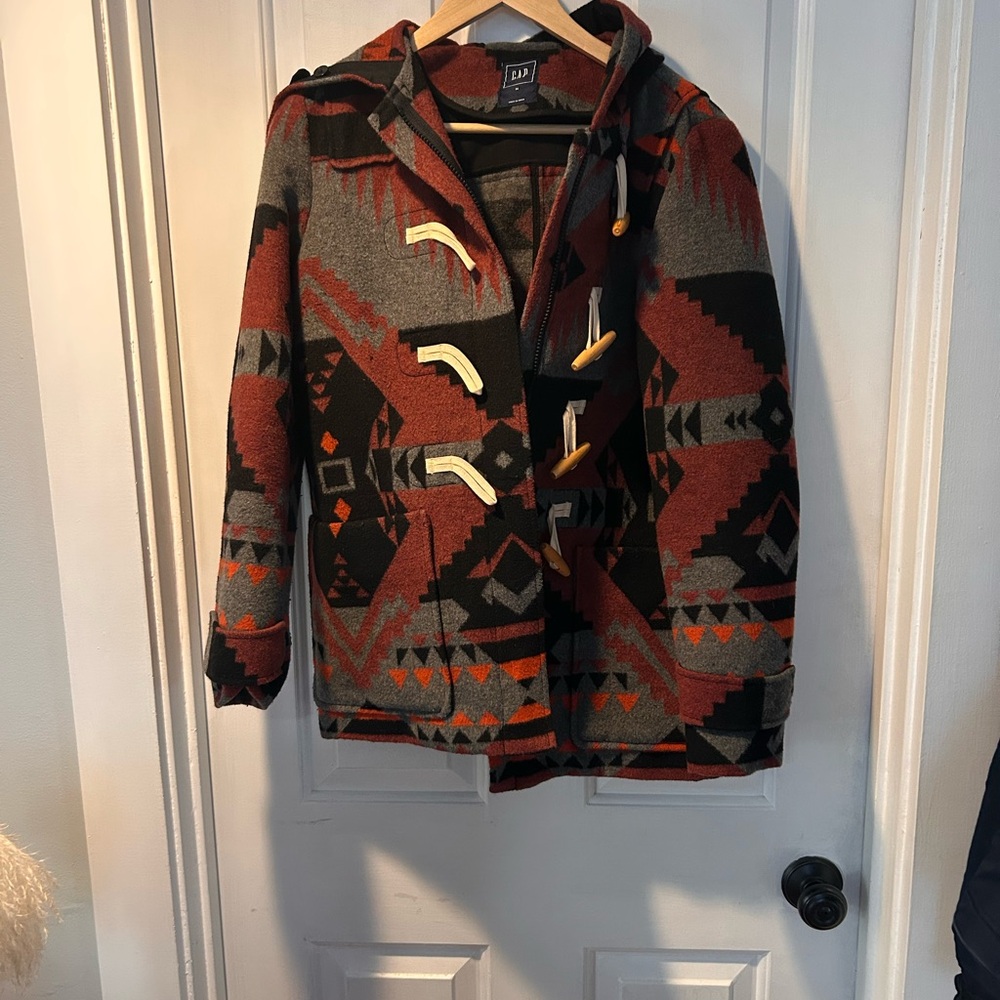 GAP Women's Geometric Pea Coat in Black, Red, and Gray